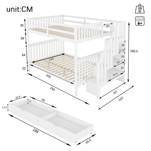 Lit Superposé Junior 140x200 Cm - Étagère Escalier Et 2 Tiroirs - Bois De Pin Et Mdf - Blanc
