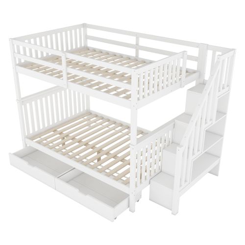 Lit Superposé Junior 140x200 Cm - Étagère Escalier Et 2 Tiroirs - Bois De Pin Et Mdf - Blanc