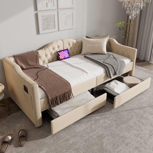 Lit Combiné 90 X 200 Cm - Lit Avec 2 Tiroirs Et Ports USB - Velours Beige -