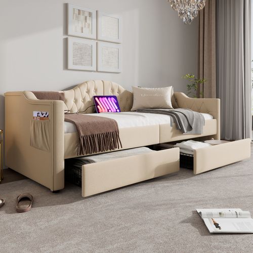 Lit Combiné 90 X 200 Cm - Lit Avec 2 Tiroirs Et Ports USB - Velours Beige -