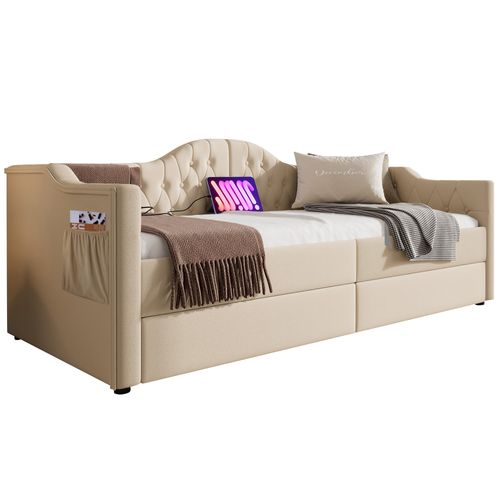 Lit Combiné 90 X 200 Cm - Lit Avec 2 Tiroirs Et Ports USB - Velours Beige -
