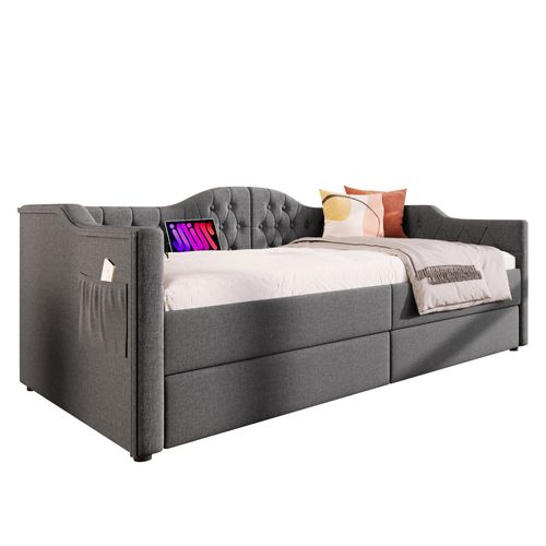 Lit Combiné 90 X 190 Cm - Lit Avec Rangement Et 2 Tiroirs - Lin Gris -