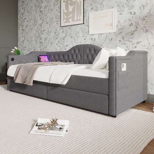 Lit Combiné 90 X 190 Cm - Lit Avec Rangement Et 2 Tiroirs - Lin Gris -