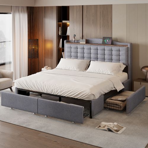 Lit 160x200 Cm Double Avec Rangement, USB, Table De Chevet 4 Tiroirs, Lin Gris Clair