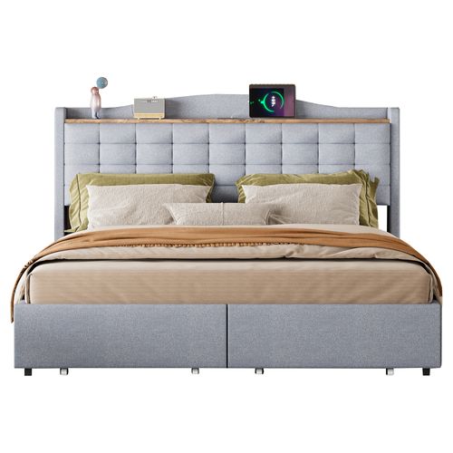 Lit 160x200 Cm Double Avec Rangement, USB, Table De Chevet 4 Tiroirs, Lin Gris Clair