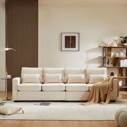 Canapé Droit 4 Places Avec Accoudoirs Et Coussins Amovibles, Revêtement En Lin, Beige