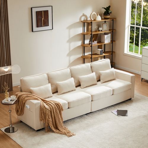 Canapé Droit 4 Places Avec Accoudoirs Et Coussins Amovibles, Revêtement En Lin, Beige