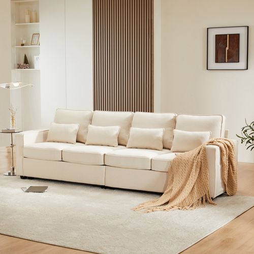 Canapé Droit 4 Places Avec Accoudoirs Et Coussins Amovibles, Revêtement En Lin, Beige