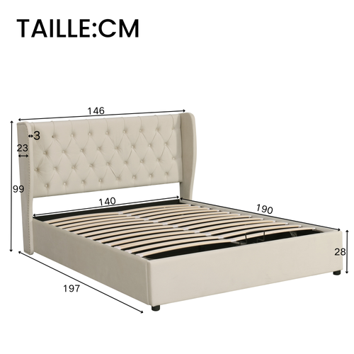 Lit Coffre 140x190 Cm - Lit Double Avec Sommier à Lattes Et Coffre Hydraulique - Velours - Beige