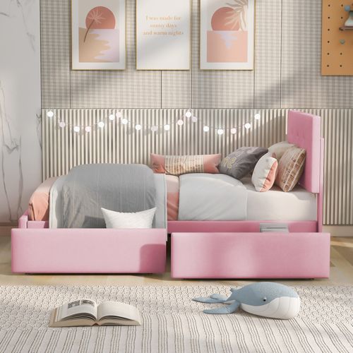 Lit Enfant 90x200 Cm Avec Sommier à Lattes, 2 Tiroirs Et Rangement, Velours Rose