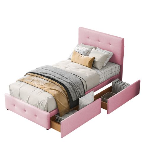 Lit Enfant 90x200 Cm Avec Sommier à Lattes, 2 Tiroirs Et Rangement, Velours Rose