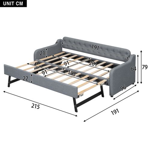 Lit Gigogne 90x200 Cm - Lit Simple Avec Rollbed Extensible Et Port USB, En Lin Et Mdf, Gris