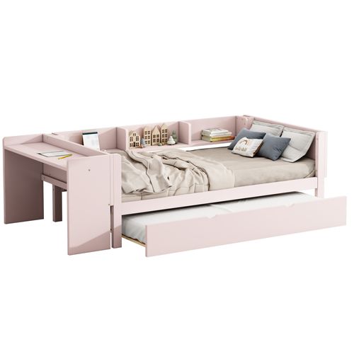 Lit Gigogne 90x200 Cm - Lit Combiné Enfant Avec Bureau Et 3 Étagères - Rose
