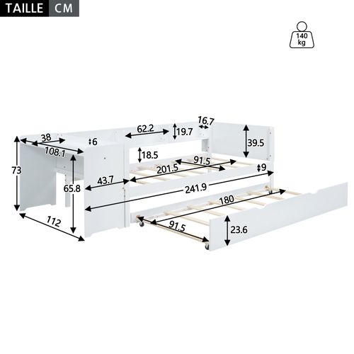 Lit Gigogne 90x200 Cm - Lit Combiné Enfant Avec Bureau Et 3 Étagères - Blanc