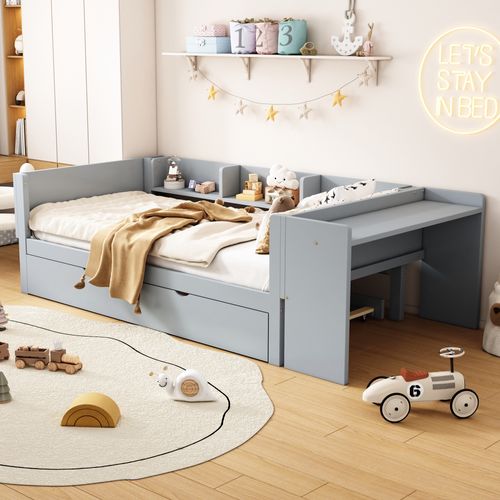Lit Gigogne 90x200 Cm - Lit Combiné Enfant Avec Bureau Et 3 Étagères - Gris