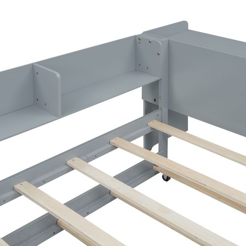Lit Gigogne 90x200 Cm - Lit Combiné Enfant Avec Bureau Et 3 Étagères - Gris