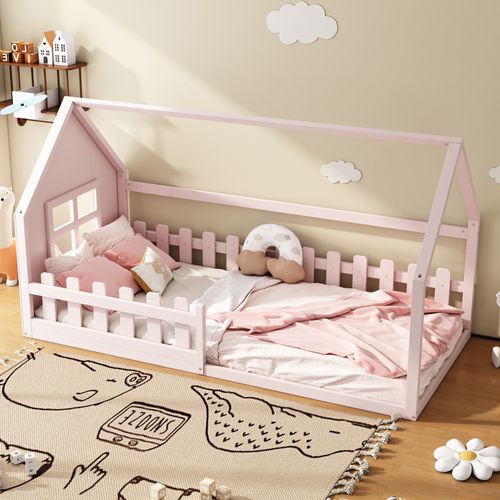 Lit Cabane 90 X 200 Cm - Lit Enfant Avec Barrières De Sécurité - Pin + Mdf - Rose