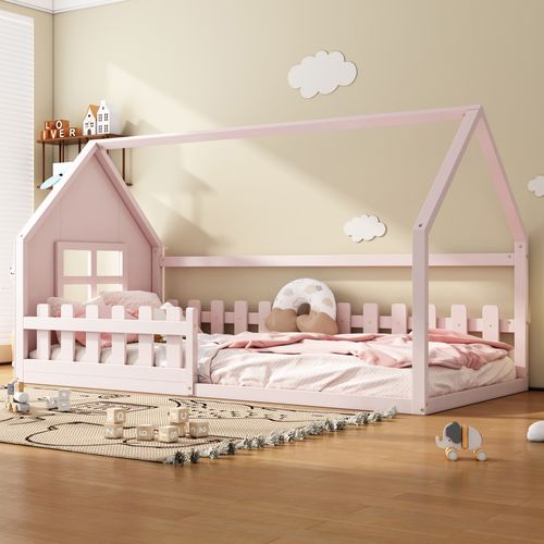 Lit Cabane 90 X 200 Cm - Lit Enfant Avec Barrières De Sécurité - Pin + Mdf - Rose