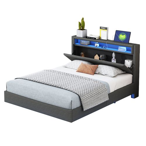 Lit Double 140×200 Cm Rembourré Adulte/ado Avec LED Et Port USB, Tête De Lit Réversible, Lin Gris