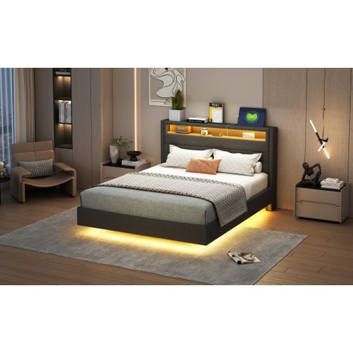 Lit Double 140×200 Cm Rembourré Adulte/ado Avec LED Et Port USB, Tête De Lit Réversible, Lin Gris