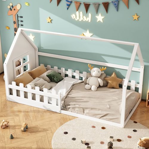 Lit Cabane 90 X 200 Cm - Lit Enfant Avec Barrières De Sécurité - Pin + Mdf - Blanc