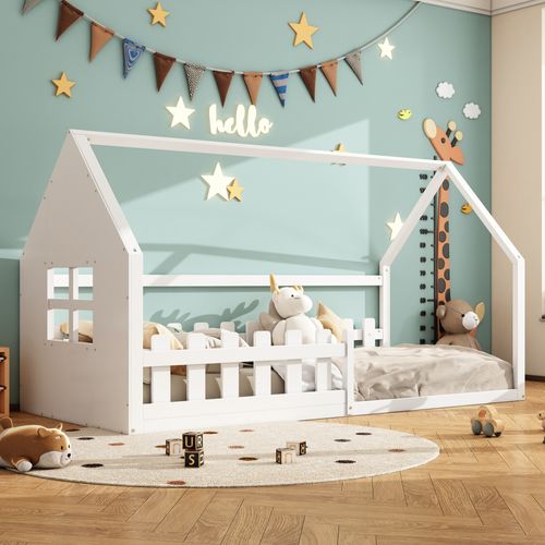 Lit Cabane 90 X 200 Cm - Lit Enfant Avec Barrières De Sécurité - Pin + Mdf - Blanc
