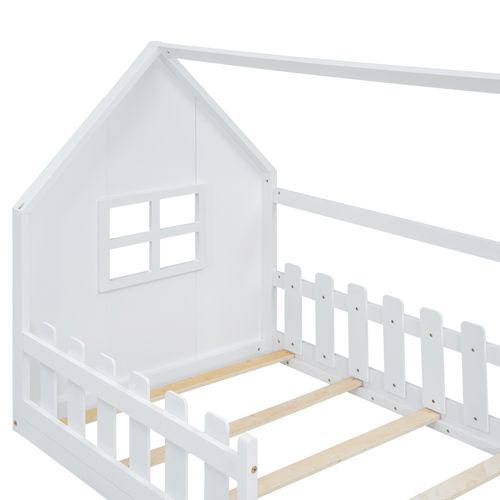 Lit Cabane 90 X 200 Cm - Lit Enfant Avec Barrières De Sécurité - Pin + Mdf - Blanc