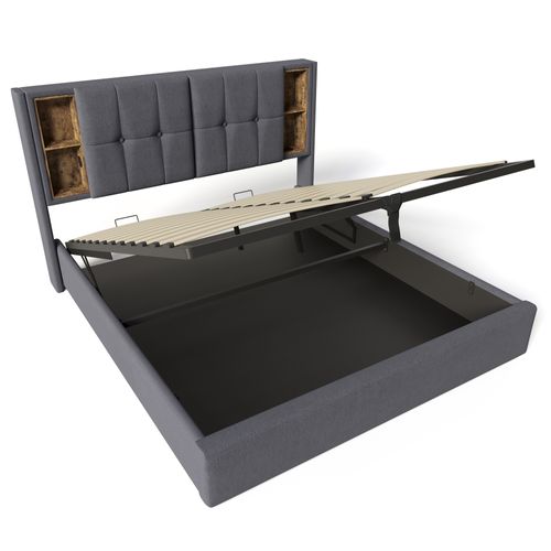 Lit Coffre 160×200 Cm Capitonné Avec Rangement, Charge Sans Fil Et USB-c, Sommier, Coton Gris