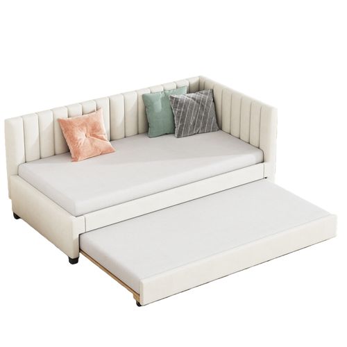 Lit Gigogne Enfant 90x200 Cm - Lit D’appoint Avec Sommier, Rangement Intégré, Velours Beige