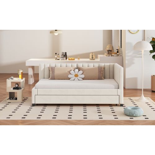 Lit Gigogne Enfant 90x200 Cm - Lit D’appoint Avec Sommier, Rangement Intégré, Velours Beige