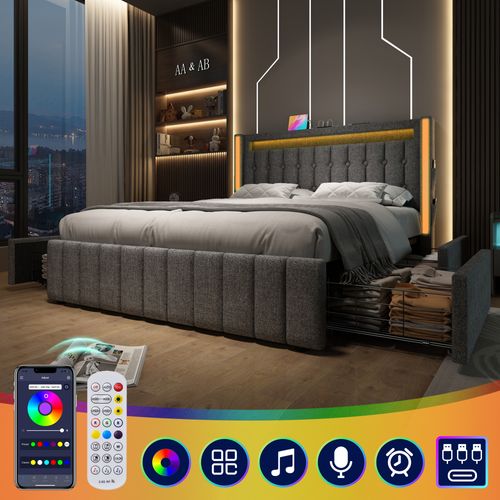 Lit 160×200 Cm Double Capitonné Avec Rangement, LED, USB Type C, 4 Tiroirs, Tissu Lin Gris