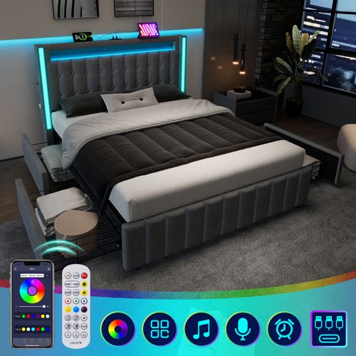 Lit 160×200 Cm Double Capitonné Avec Rangement, LED, USB Type C, 4 Tiroirs, Tissu Lin Gris
