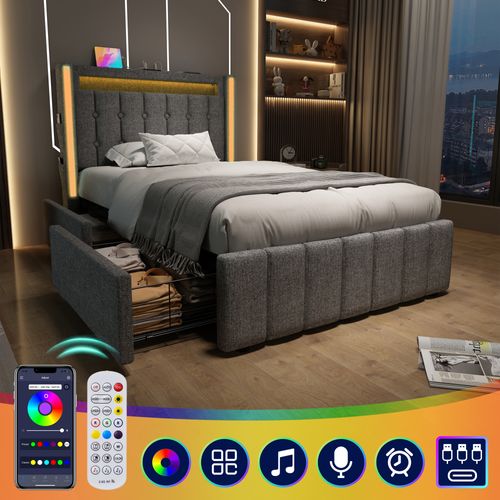 Lit 90×200 Cm Simple Capitonné Avec Rangement, LED, USB Type C, 2 Tiroirs, Tissu Lin Gris
