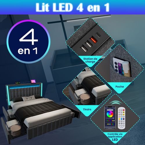 Lit 90×200 Cm Simple Capitonné Avec Rangement, LED, USB Type C, 2 Tiroirs, Tissu Lin Gris