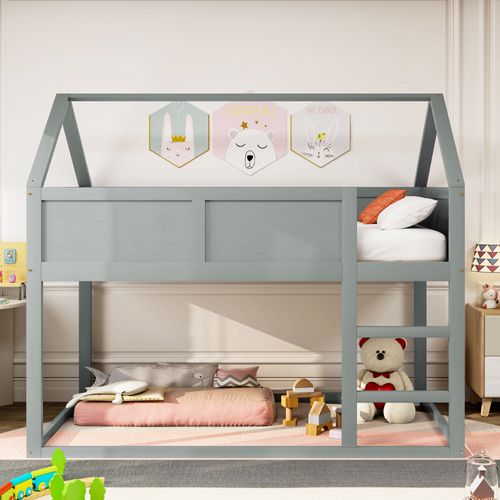 Lit Superposé Enfant 90x200 Cm Avec Barrière De Sécurité - Cadre En Bois - Gris