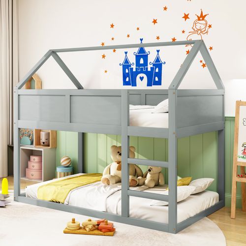 Lit Superposé Enfant 90x200 Cm Avec Barrière De Sécurité - Cadre En Bois - Gris