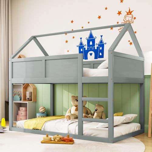 Lit Superposé Enfant 90x200 Cm Avec Barrière De Sécurité - Cadre En Bois - Gris