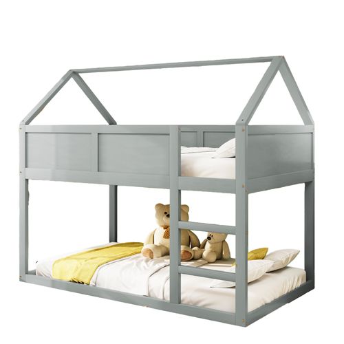 Lit Superposé Enfant 90x200 Cm Avec Barrière De Sécurité - Cadre En Bois - Gris