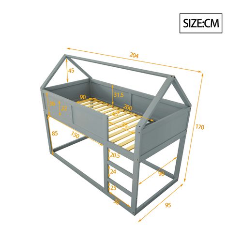 Lit Superposé Enfant 90x200 Cm Avec Barrière De Sécurité - Cadre En Bois - Gris