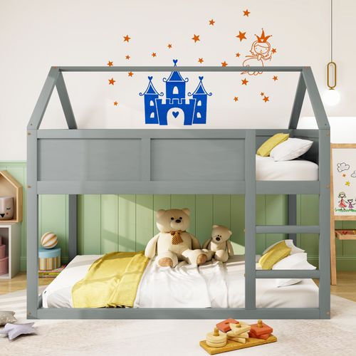 Lit Superposé Enfant 90x200 Cm Avec Barrière De Sécurité - Cadre En Bois - Gris