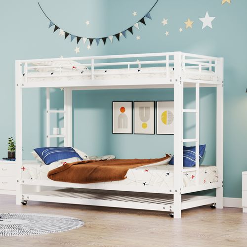Lit Superposé Enfant 90x200 Cm - Lit Gigogne Extensible, Garde-corps Hauts, Métal, Blanc -