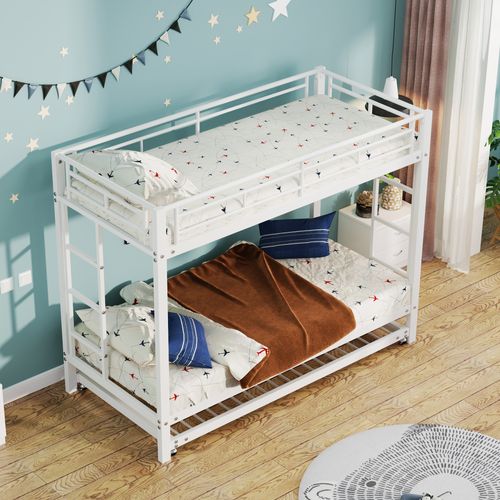 Lit Superposé Enfant 90x200 Cm - Lit Gigogne Extensible, Garde-corps Hauts, Métal, Blanc -