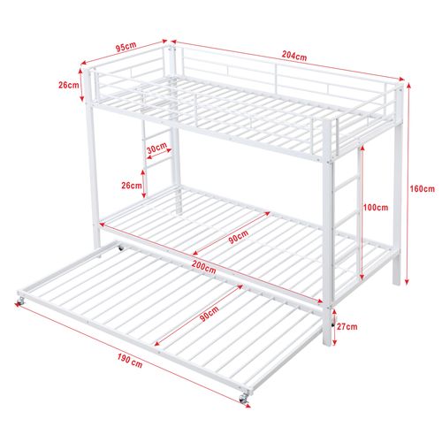 Lit Superposé Enfant 90x200 Cm - Lit Gigogne Extensible, Garde-corps Hauts, Métal, Blanc -
