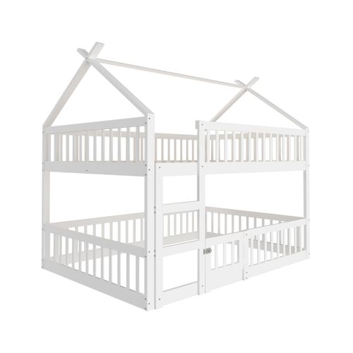 Lit Mezzanine 140x200 Cm Enfant Avec Barrière De Sécurité Et Traverses - Sommier Libre - Blanc
