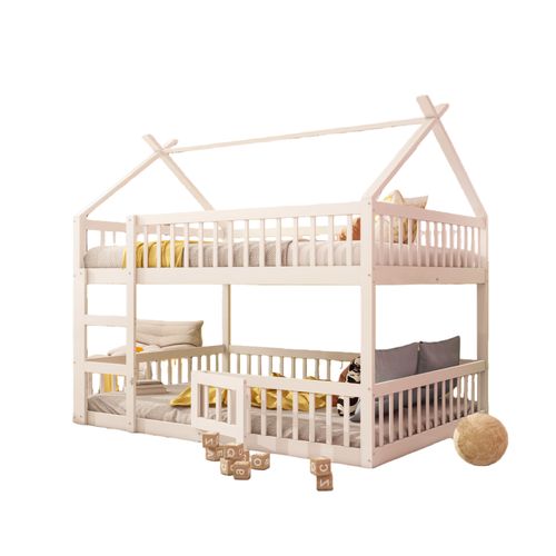 Lit Mezzanine 140x200 Cm Enfant Avec Barrière De Sécurité Et Traverses - Sommier Libre - Blanc