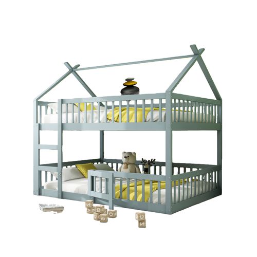 Lit Mezzanine 140x200 Cm Enfant Avec Barrière De Sécurité Et Traverses - Sommier Libre - Gris