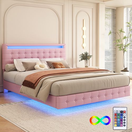 Lit Double 140x200 Cm - Lit Adulte Avec Éclairage LED Et Tête De Lit Réglable - Pu + Mdf - Rose