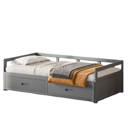 Lit Gigogne 90/180x190 Cm Bois Avec Tiroirs Et Sommier à Lattes, Multifonction, Gris