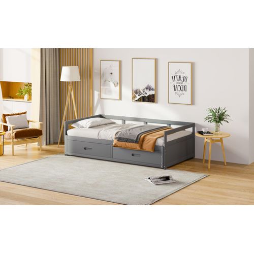 Lit Gigogne 90/180x190 Cm Bois Avec Tiroirs Et Sommier à Lattes, Multifonction, Gris