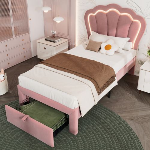 Lit Enfant Simple 90x190 Cm - Lit Avec LED Et Tiroirs De Rangement, Velours Rose - Sans Matelas